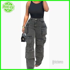 High Waisted Wide Leg Cargo Jeans Polyester Spandex Streetwear